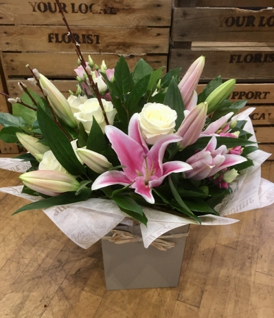Pink Lily and Rose Bouquet